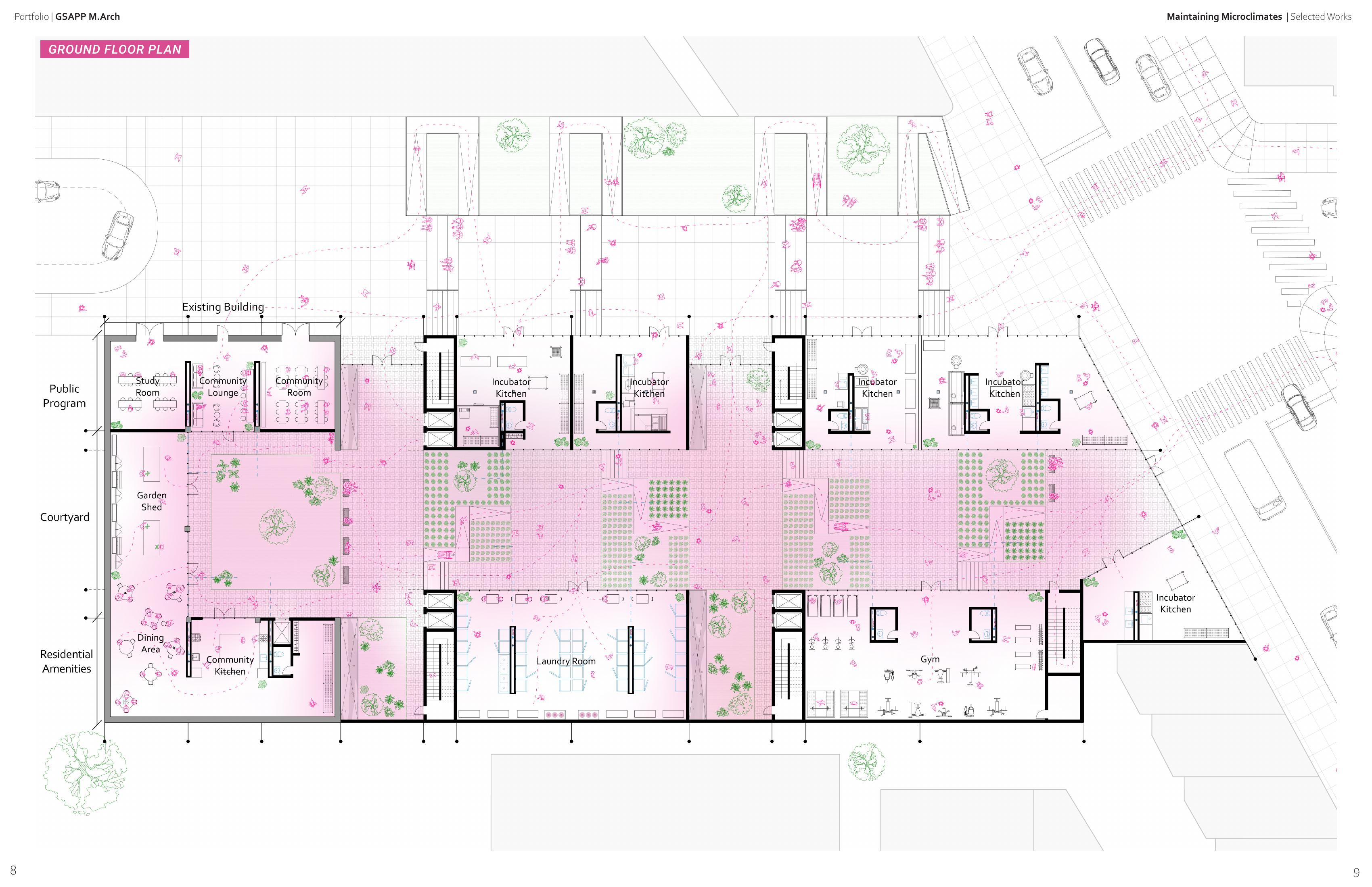 Ground floor plan with courtyard, public program, and residential amenities